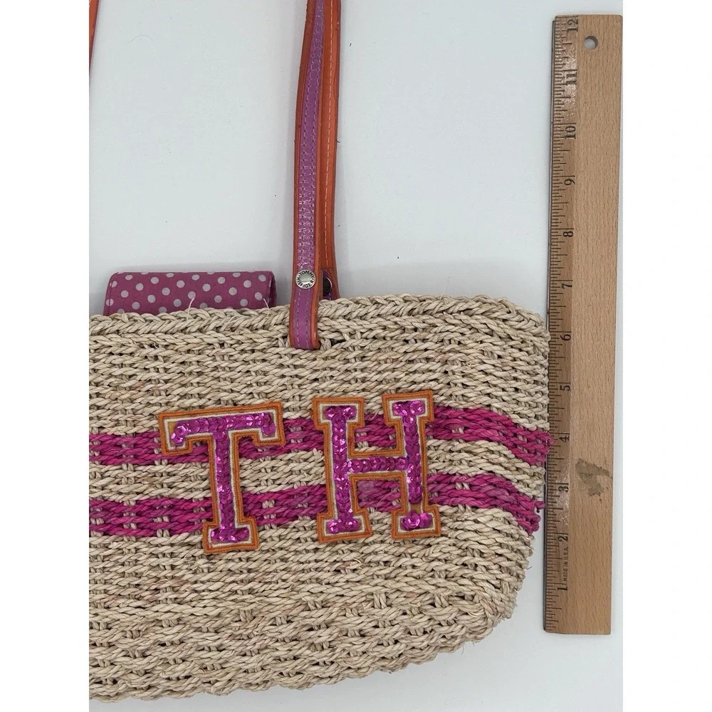 Tommy Hilfiger Straw Raffia Tote Bag TH Monogram Beach Resort Shoulder Bag Y2K